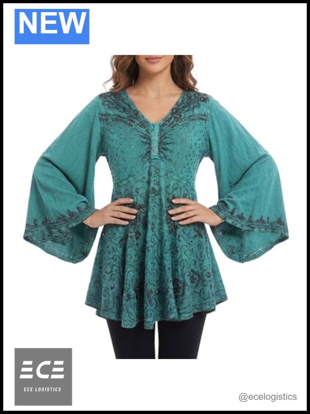 Boho V-Neck Bell Sleeve Tunic Embroidered Beaded Rayon Blouse